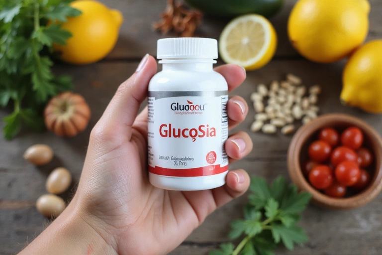 A hand holding a Glucosilab supplement bottle, with a blurred background of natural ingredients like herbs and fruits, symbolizing wellness and health.