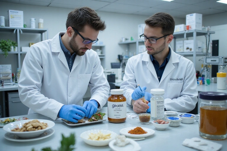 Laboratory research and development of Glucosilab supplements, showing scientists in white coats working with natural ingredients and advanced equipment.